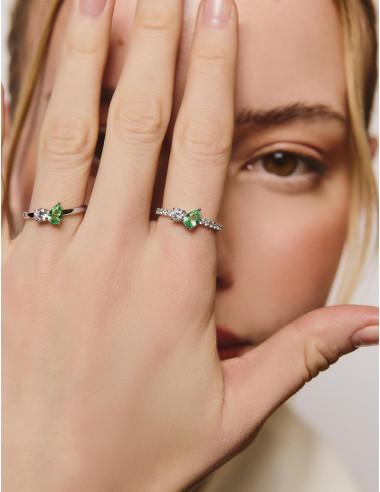Bague Toi & Moi Twist Vert Argent