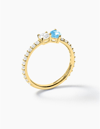 Bague Toi & Moi Twist Bleu Glacier Accompagnée Dorée